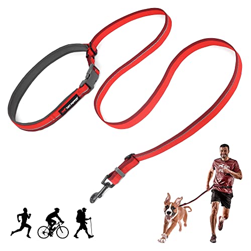 Tuff Pupper Hands Free Adjustable Length Dog Leash | Lightweight for Running Jogging Walking | Padded Waist Belt (24-50 inch) | Adjusts 3 to 6 Feet Length | Strong Ballistic Nylon w/Reflective Strips - color: Fiery Red