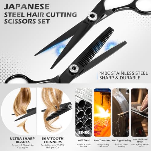 21Pcs 440C Hair Cutting Scissors Kit, Hair Scissors & Thinning Scissors Set - color: Black