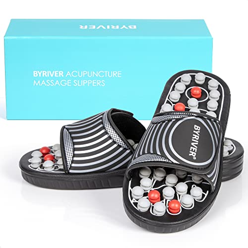 BYRIVER Foot Reflexology Tools Pressure Point Massage Mat Slippers Slides Sandals Shoes, Back Knee Feet Arch Heel Pain Tension Relief Products, Relaxation Gifts for Mom Dad Parents(02L) - color: Black Spring Slippers, size: L-Men(9.5-10.5)