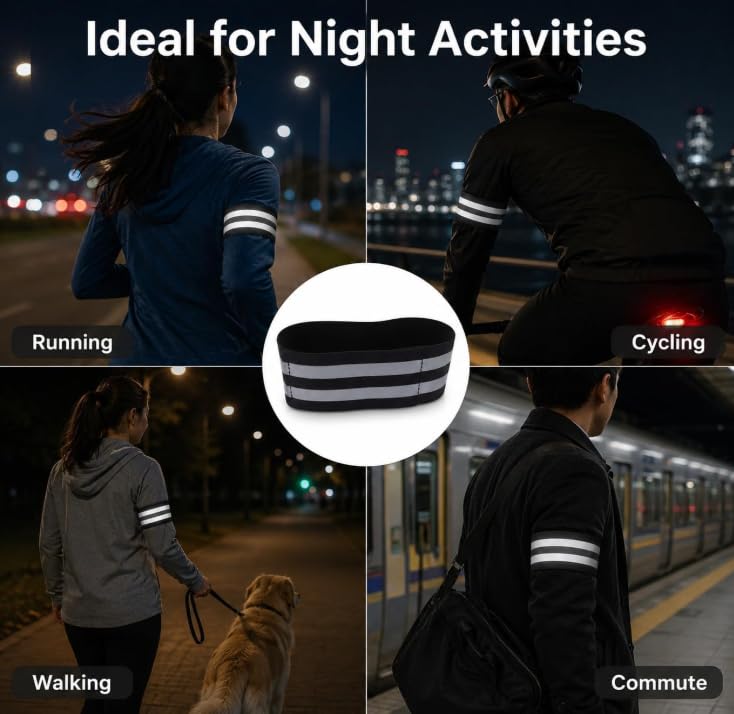 2 Pc Reflective Arm Bands Leg Straps for Running Cycling Night Safety Black