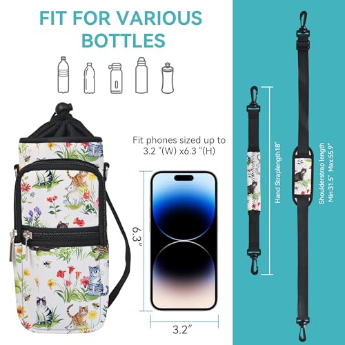 25/32/40/64oz Water Bottle Bag Holder Carrier-Insulated Crossbody Sling Case Sleeve with Strap & Pockets for Men Women Gym Cycling Travel Walking Hiking Camping - color: Garden Cat, size: 25oz