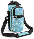 AUPET Water Bottle Sling Bag Sleeve Holder Carrier 25/32/40/64 oz,Insulated Crossbody Water Bottle Case Cover with Strap and Pockets for Men/Women Walking Hiking - color: blue feather, size: 32oz