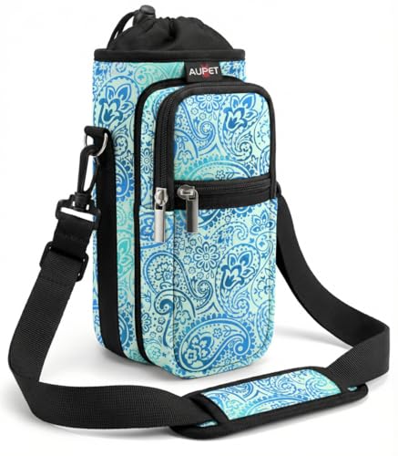 AUPET Water Bottle Sling Bag Sleeve Holder Carrier 25/32/40/64 oz,Insulated Crossbody Water Bottle Case Cover with Strap and Pockets for Men/Women Walking Hiking - color: blue feather, size: 25oz