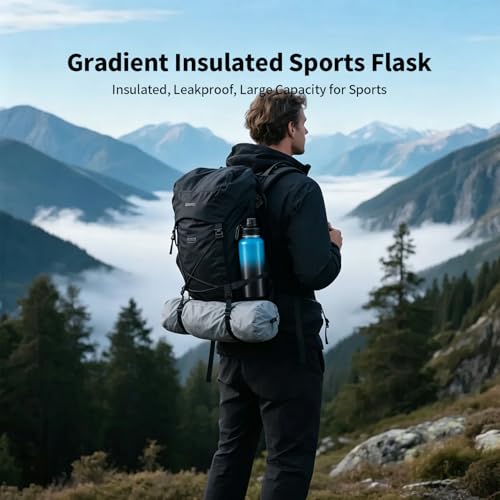 22 Oz Insulated Water Bottle with Handle, 304 Stainless Steel Sports Water Bottle, Wide Mouth Travel Bottle, Blue & Black