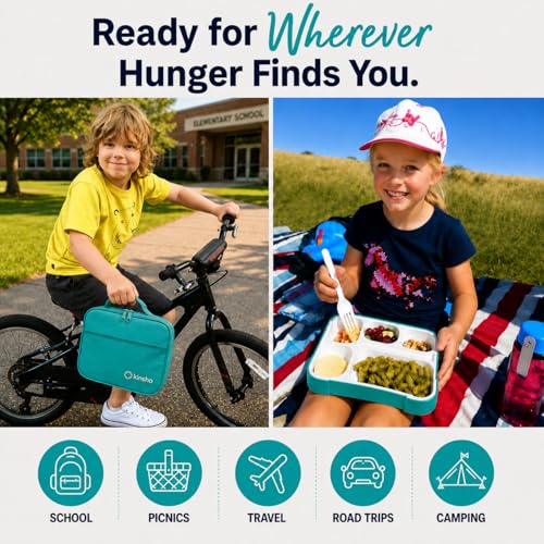 kinsho Bento Lunch Box, Ice Pack Insulated Bag for Kids, Boys, Girls, Teal - color: Teal