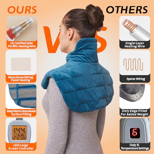 Ambershine 19''x24'' Weighted Neck & Shoulder Heating Pad, 2.5lbs with 12 Temperature Settings& 4 Auto-Off Timers, Pain Relief for Neck/Shoulder/Back(Gray&Blue) - color: 01-gray and Blue