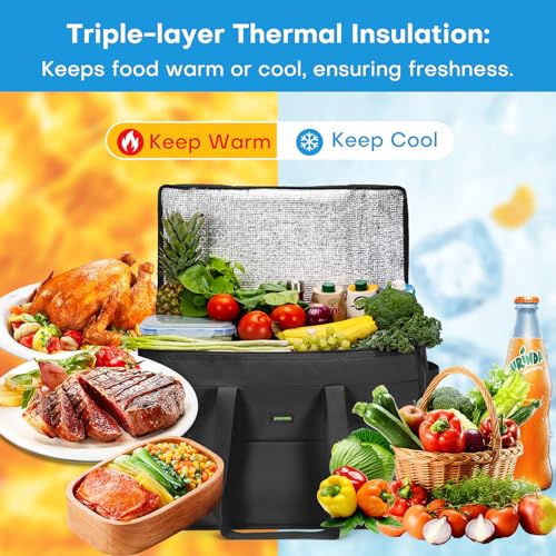 JUNGYOON Heavy-Duty Insulated Grocery Bags & Insulated Bag – Collapsible Cooler Bag with Zippered Top - color: 1 Pack-Black-27L, size: 16''x9''x12.5''
