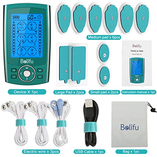 Belifu Dual Channel TENS EMS Unit 24 Modes Muscle Stimulator for Pain Relief Therapy, Electronic Pulse Massager Muscle Massager with 10 Pads, Dust-Proof Drawstring Storage Bag, Fastening Cable Ties - color: Green