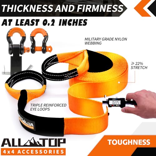 ALL-TOP Nylon Recovery Kit with Hitch Receiver: 3" x 30' (35,000lbs) 100% Nylon Snatch Strap + 2" Shackle Hitch Receiver + 3/4 HD Shackles (2pcs) with Isolator + Storage Bag - size: 3" x 30' Kit + Hitch Receiver