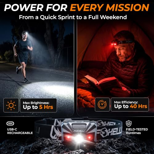 Foxelli USB‑C Rechargeable LED Headlamp – Ultra‑Light 2.4 oz & Bright 180 Lumens – Red/White Light, 5 Modes, IPX5 Waterproof, 40 h Runtime for Trail Running, Camping, Hiking - color: Black