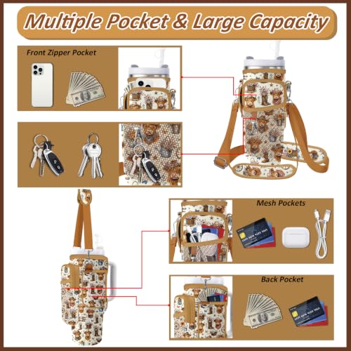 Water Bottle Carrier Bag for Stanley 40/30oz Cup Tumbler with Phone Pocket,Insulated Crossbody Water Bottle Holder with Adjustable Strap,Water Bottle Sling Pouch for Hiking Walking Camping Accessories - color: Cowboy Highland Cow Sunflower