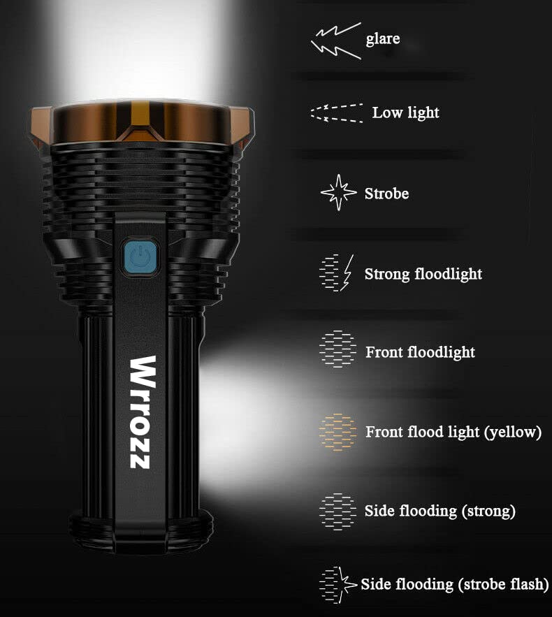 Wrrozz LED Flashlight USB Rechargeable, 8 Modes with Side Light & Hooks - size: C