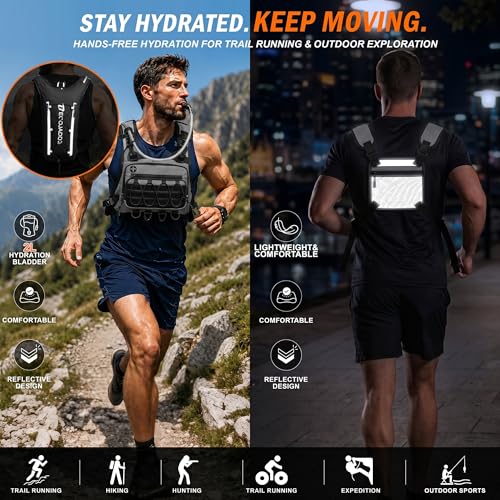 BECOJADDE Running Vest for Men with 2L Water Bladder Tactical Hydration Backpack Adjustable Lightweight Chest Pack for Marathon Hunting Cycling - color: Gray