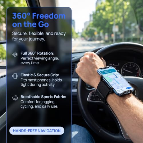 360° Rotating Armband Phone Mount, Elastic Sport Wristband for Running Cycling Driving Navigation