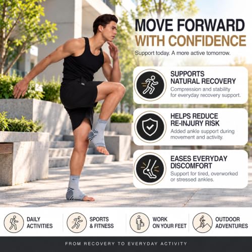 ABIRAM Ankle Brace Compression Sleeve with Adjustable Support Strap - color: Gray, size: Large