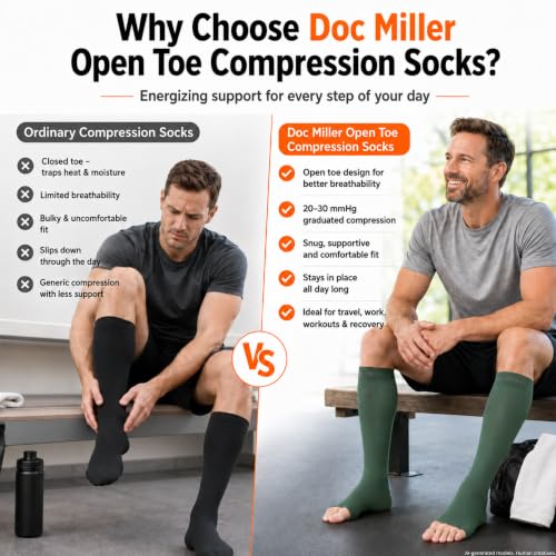 Doc Miller Open Toe Compression Socks, 20-30 mmHg, Knee High, Men & Women - color: White, size: Small