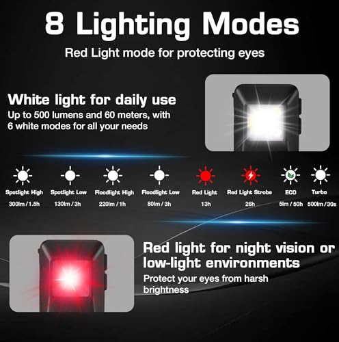 WORKPRO Rechargeable 2PCS 500 Lumens EDC Flashlight Clip-on Light, 8 Modes - color: Red and Blue