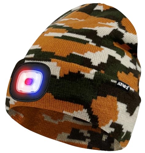 ATNKE LED Lighted Beanie Hat,USB Rechargeable 4 LED Red and Blue Flashing Running Headlamp Cap Gifts for Men and Women - color: #Camouflage Yellow