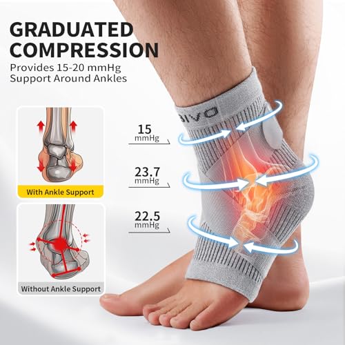 CAMBIVO 1 Pair Ankle Braces with Straps, 15-20 mmHg Ankle Compression Socks for Women and Men for Working, Breathable and Comfortable Fit for Sports, Recovery, Work, and Daily Wear (Gray, Large)