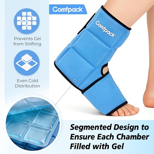 Comfpack Ankle Foot Ice Pack Wrap for Sprained Ankle/Surgery Recovery, 30% More Gel Cold Compression Therapy with Sectional Design for Plantar Fasciitis, Swelling, Achilles Tendonitis(L) - size: Large
