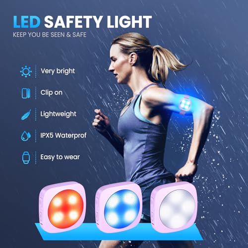 LED Safety Light, Clip on Strobe Running Lights for Runners, Rechargeable Running Light with 3 Adjustable Bands, High Visibility Reflective Running Gear for Hiking Running Bike Walking, 130dB, Purple