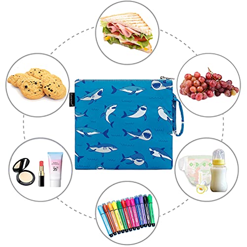 Fammart Reusable Sandwich Bag/Snack Bag for Kids & Adults, Dual Layer Lunch Bag with Handle, Cosmetic Bag Makeup Travel Bag for Women Girls, Washable, Food Safe, BPA Free (1-Pack, Shark) - color: Large, 1 Pack - Shark