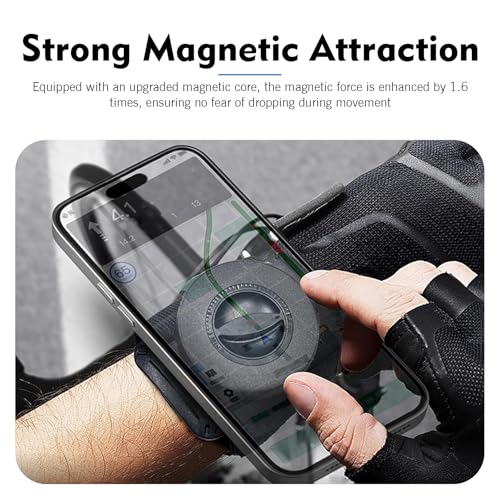 Magnetic Wristband Phone Holder for Running, Adjustable Suction Outdoor Sports Arm Strap, Hands-free Navigation Armband Mount, Phone Carrier for Biking Walking Jogging Hiking (Black)