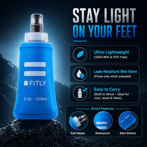 FITLY Soft Flask Running Water Bottle - Collapsible Hydration Flask - color: Blue, size: 5 Ounces