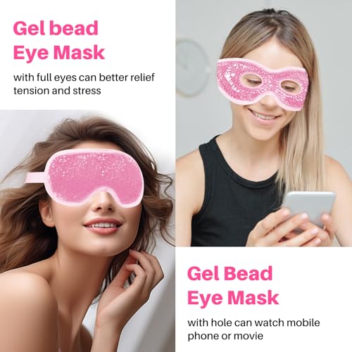 Cooling Eye Mask with Gel Bead 2 Pack Gel Eye Mask Cold Eye Mask for Relaxtion,Puffy Eyes Reusable Cold & Warm Compress for Puffiness,Dry Eyes,Headaches,Migraines,Stress Relief,Post Surgery - color: Pink-full&hole