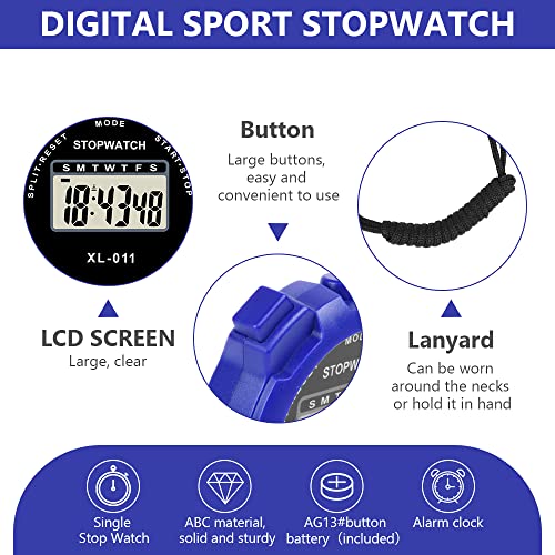 Vicloon Digital Timer, Simple Sport Timer with Large Display, Single Lap Split Stopwatch, 12/24 Hour Clock Alarm Date for Coaches Kids Training Swimming Running (Blue) - color: Blue