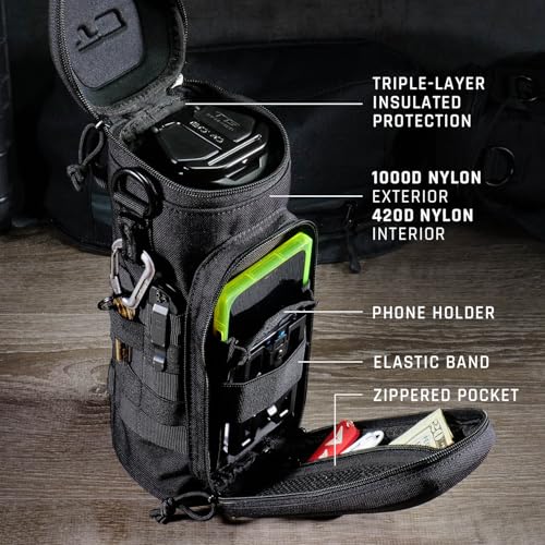 GOVO U1 Water Bottle Pouch with Zippered Hardshell Cap, Fits Up to 40oz Bottle, Molle System, Heavy Duty, Made With 100% Nylon - color: Black