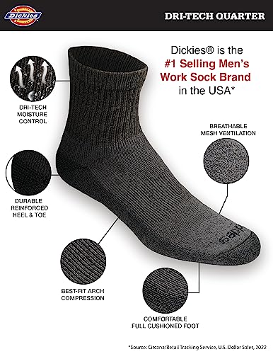 Dickies Men's Dri-Tech Moisture Control Quarter Socks, Available in M-XXL (6, 12, 18 Pairs) - color: Charcoal (12 Pairs), size: Medium