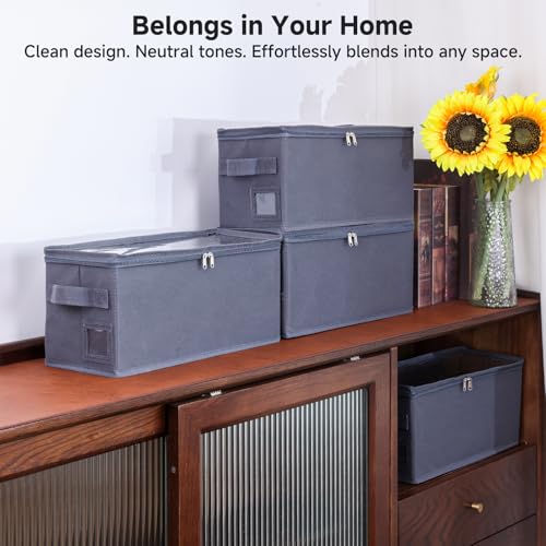Stackable CD Holder & Storage Case - CD Storage Box Organizer with Lid & Handle - Dustproof CD/DVD Container with Clear PVC Top - 4Pack (Gray) - size: CD-4Pack