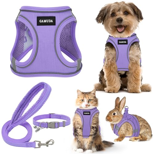 GAMUDA Small Pet Harness Collar and Leash Set, Step in No Chock No Pull Linen Fabric Soft Mesh Dog Vest Harnesses Reflective for Dogs Puppy Cats Kitten Rabbit (Purple, S) - color: Purple, size: Small
