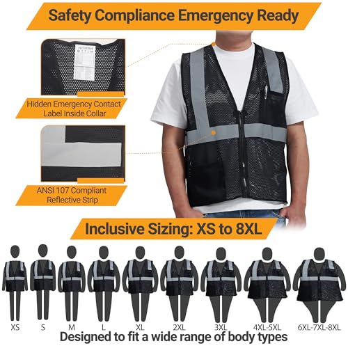 AYKRM 2 Pocket Mesh High Visibility Reflective Safety Vest for men & Women ANSI/ISEA 107 Standards - color: Black, size: 5X-Large
