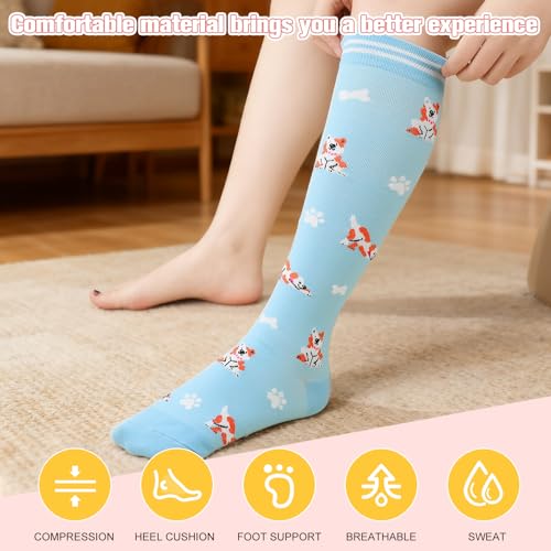 6 Pairs Compression Socks for Women Men Knee High - color: Animals, size: Small-Medium