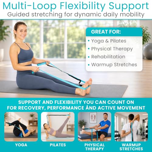 Vive Stretch Strap (75" - 10 Loops) - Leg Stretch Band to Improve Flexibility - Stretching Out Yoga Strap - Exercise and Physical Therapy Belt for Rehab, Pilates and Gymnastics with Guide Book - color: Teal