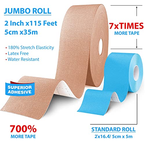 Original Kinesiology Athletic Tape. Professional Sports Tape for Ankle Wrist Knee Shoulder Muscles Joints. Latex Free, Waterproof, Stretchy, and Gentle on Skin. Up to 115 ft/Roll - color: Beige - Uncut