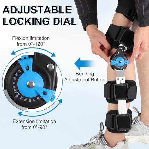 Hinged ROM Knee Brace with Adjustable Locking Dial & Side Stabilizers - Post Op Knee Support for ACL, PCL, MCL Injury, Meniscus Tear Recovery - Universal Fit Stabilizer for Men & Women, Left or Right Leg