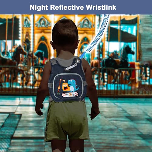 Accmor Toddler Harness Leash+ Reflective Anti Lost Wrist Link, Cute Dinosaur Kids Harness with Leash, Collapsible Child Leash Baby Boys Walking Wristband Assistant Strap Belt for Outdoor Travel - color: Navy Blue/Crane Dinosaur