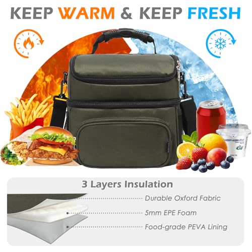 FlowFly Double Layer Cooler Insulated Lunch Bag Adult Lunch Box Large Tote Bag for Men, Women, With Adjustable Strap,Front Pocket and Dual Large Mesh Side Pockets - color: Army Green