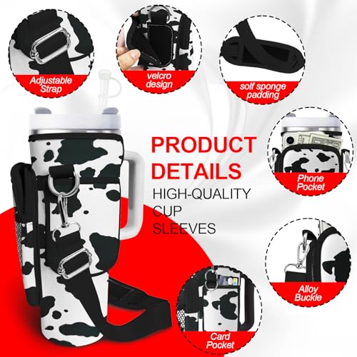 Water Bottle Carrier Bag for Stanley Cup 40oz/30oz with Phone Pocket, Neoprene Water Bottle Holder with Adjustable Shoulder & Handle Strap, Stanley Cup Accessories for Walking Travel Gym - color: Cow Print
