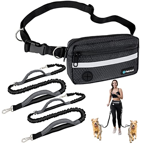 PetAmi Hands Free Dog Leash Waist Belt Bag Fanny Pack, Double, Black - color: Black, size: 2 Leashes