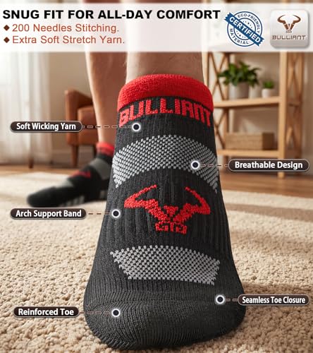BULLIANT Men Cushioned Compression Nylon Ankle Running Socks No Show 6Pack - color: 6pairs-black8625, size: 5-7