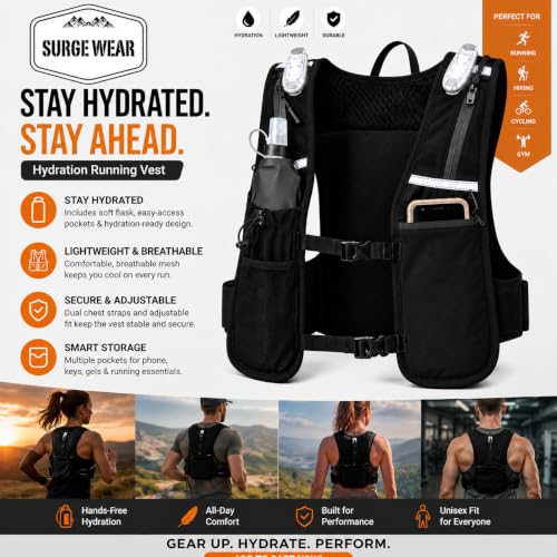 Running Phone Holder Vest with 500ml/17 oz Water Bottle | Reflective Hydration Vest | Adjustable | 4 LED Lights | 6 Pockets for Running Accessories | Unisex