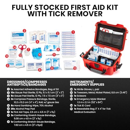 NANUK 904 Waterproof First Aid Kit 110pcs – Durable, Pre-Stocked First Aid Emergency Kit with Bandages, Tick Removal Tool, and More – Dustproof, Impact-Resistant, Floats (10.2" x 7.9" x 4.5") – Red - size: 904 First Aid Kit – 110 Pcs