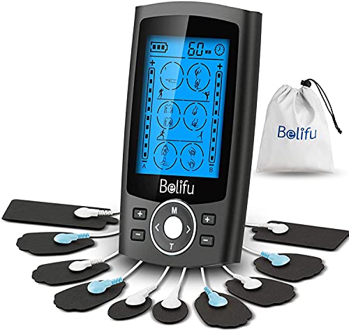 Belifu Dual Channel TENS EMS Unit 24 Modes Muscle Stimulator for Pain Relief Therapy, Electronic Pulse Massager Muscle Massager with 10 Pads, Dust-Proof Drawstring Storage Bag, Fastening Cable Ties - color: Black