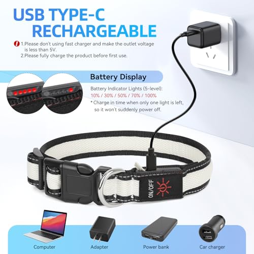 Flashseen Multicolor LED Light Up Dog Collar, RGB 9-Mode, USB Rechargable - color: White, size: Large