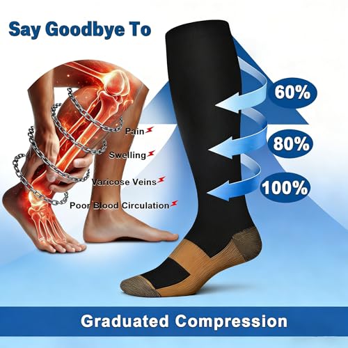 Compression Socks for Women&Men 20-30mmHg Graduated Knee High Stocking - color: 03-5 Pairs Black Copper, size: Large-X-Large