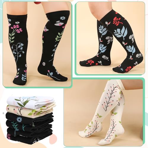 Jspupifip 6 Pairs Plus Size Compression Socks for Women, Wide Calf - color: Black White Beige, size: 4X-Large